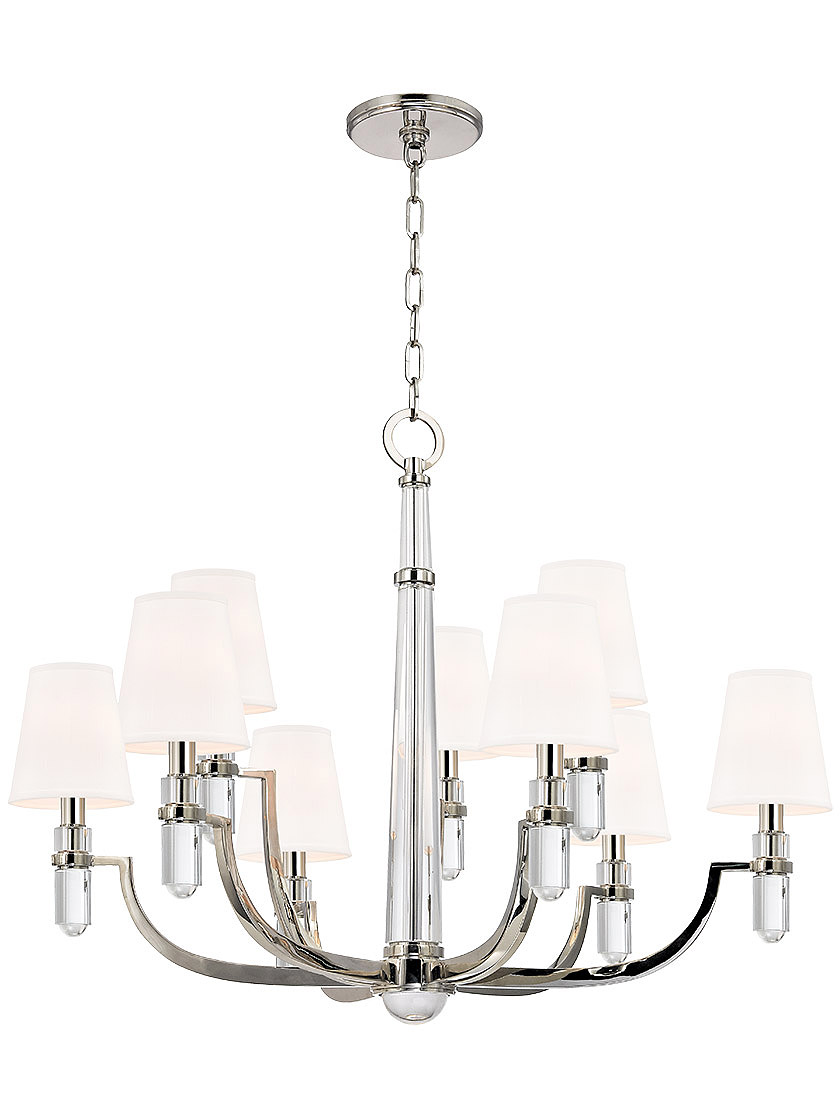 Dayton 9 Light Chandelier With White Fabric Shades in Polished Nickel.